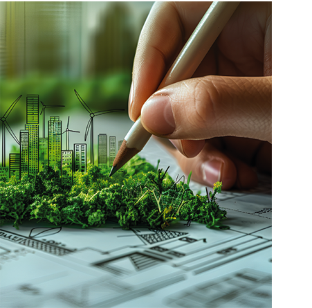 Hand, die grüne Pflanzen auf einem technischen Plan zeichnet, verbindet ökologische Verantwortung mit innovativen Lösungen.