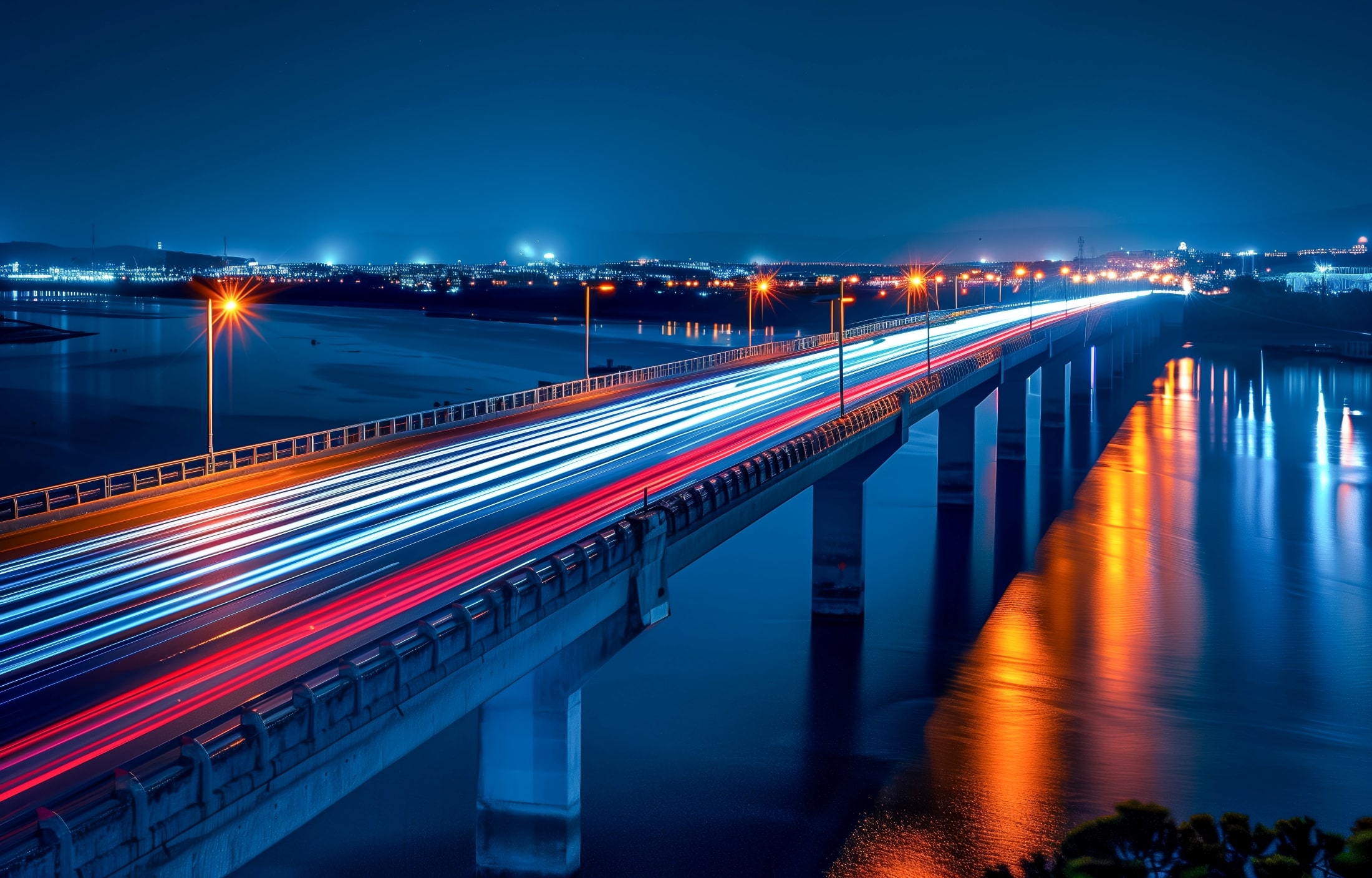 Brücke bei Nacht mit Lichtspuren als Symbol für schnelle stabile Ethernet Verbindung