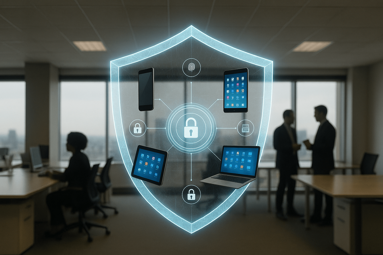 Digitales Schild mit Laptop, Tablets und Smartphones als Symbol für sichere Unternehmenskommunikation und mobile Device Security durch Savecall.