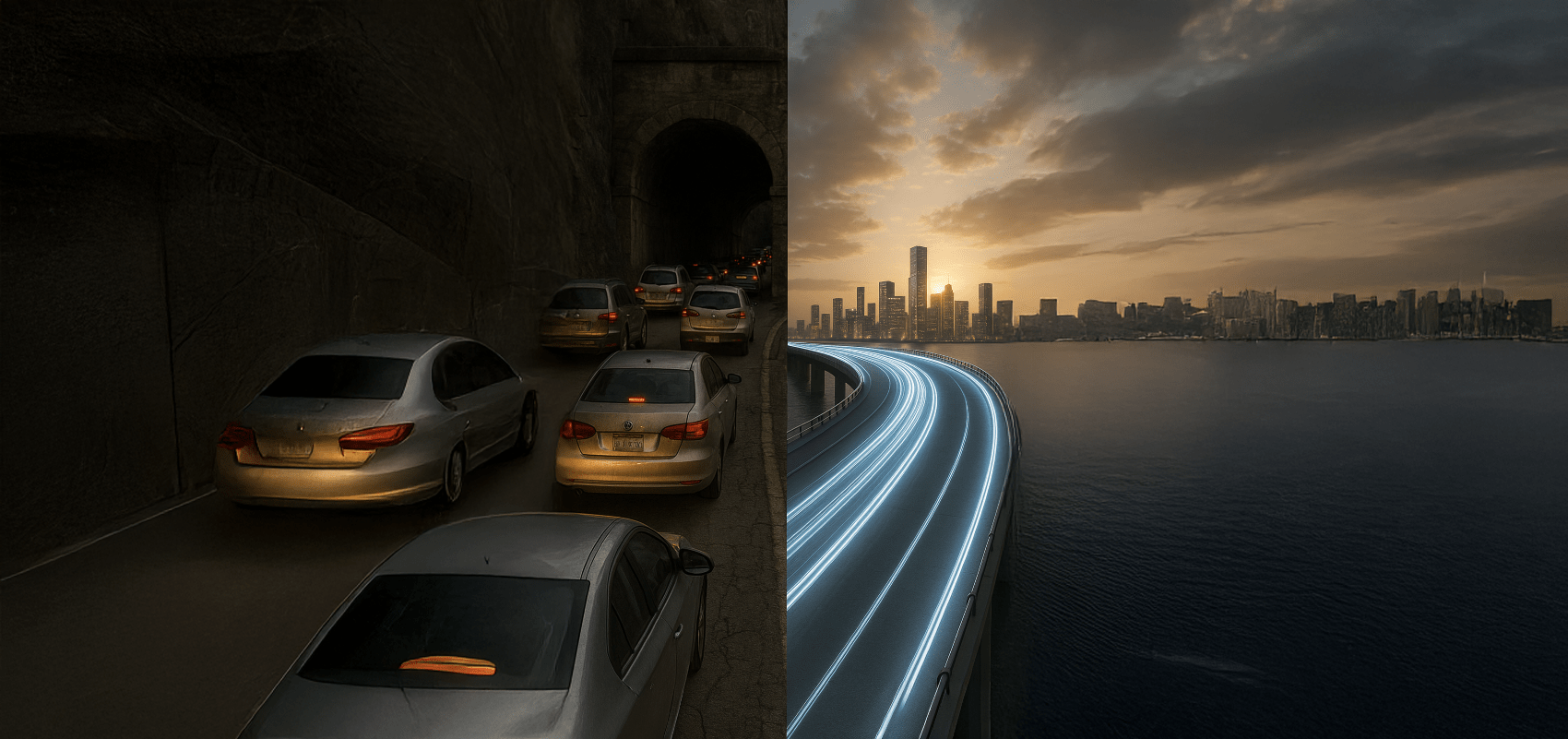 Vergleich: Stau im Tunnel auf der linken Seite und leuchtende freie Datenautobahn in die Stadt auf der rechten Seite , Symbol für Netzwerkoptimierung mit Savecall.