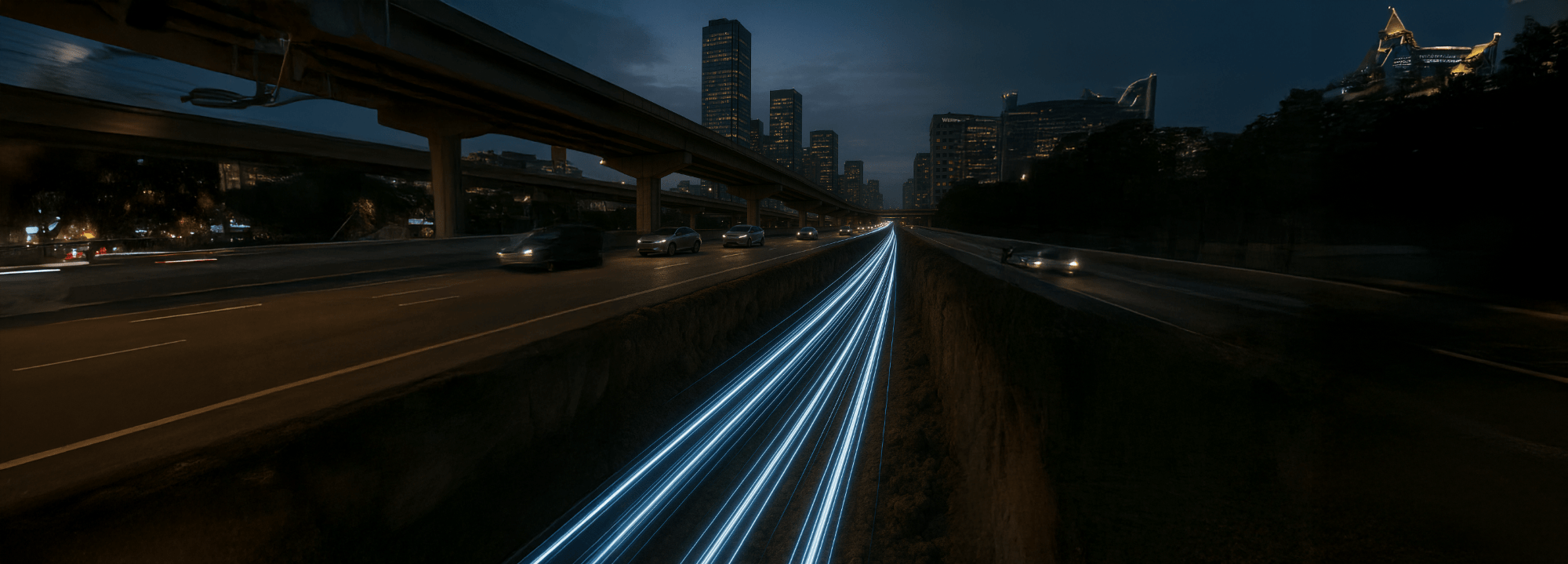 Unterirdische Glasfaserkabel visualisiert als leuchtende Datenströme neben einer nächtlichen Stadtautobahn- Symbol für Highspeed-Internet und Dark Fiber Lösungen von Savecall.