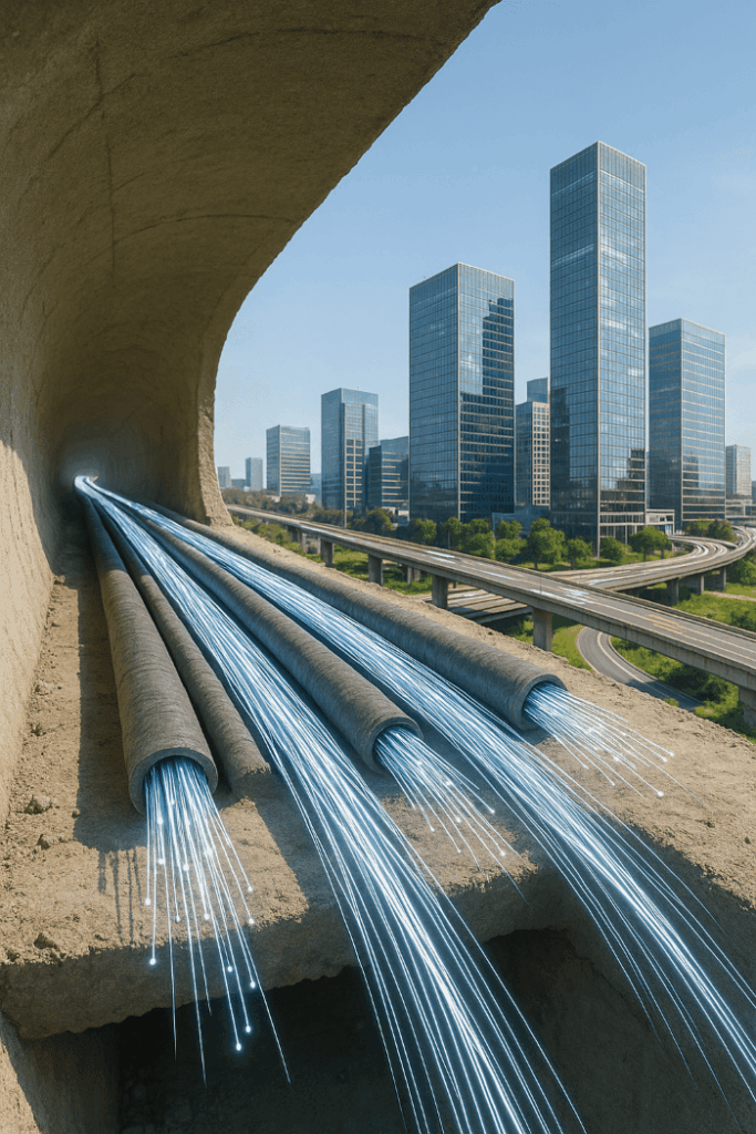 Glasfaserkabel in einem Tunnel mit Blick auf moderne Bürogebäude, Symbol für Dark Fiber, Business Internet und zukunftssichere Netzwerkinfrastruktur durch Savecall.