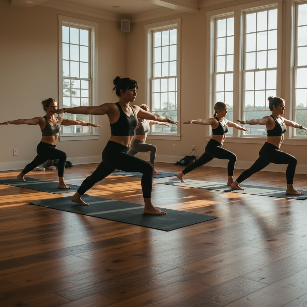 Menschen üben gemeinsam Yoga im hellen Raum mit Holzboden und Morgensonne