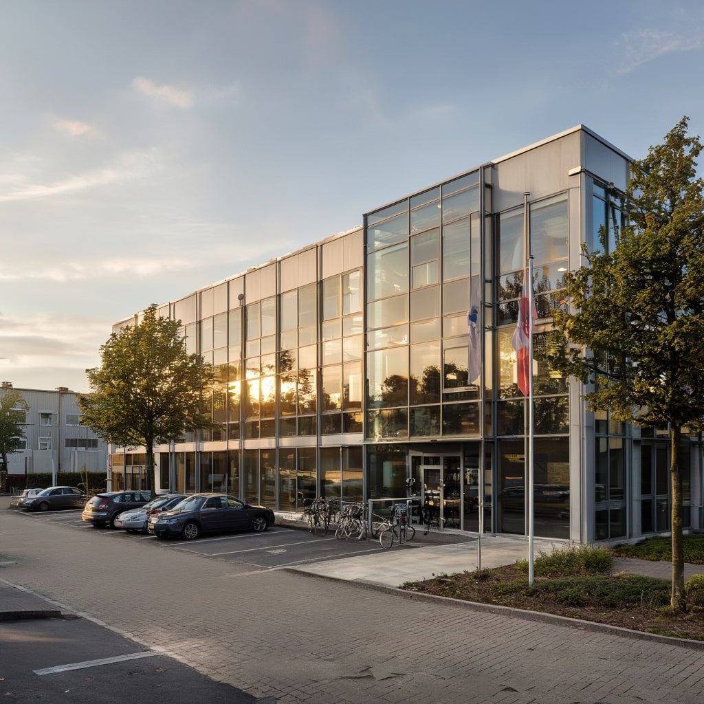 Modernes Unternehmensgebäude eines mittelständischen Betriebs mit Glas- und Betonfassade im warmen Morgenlicht.