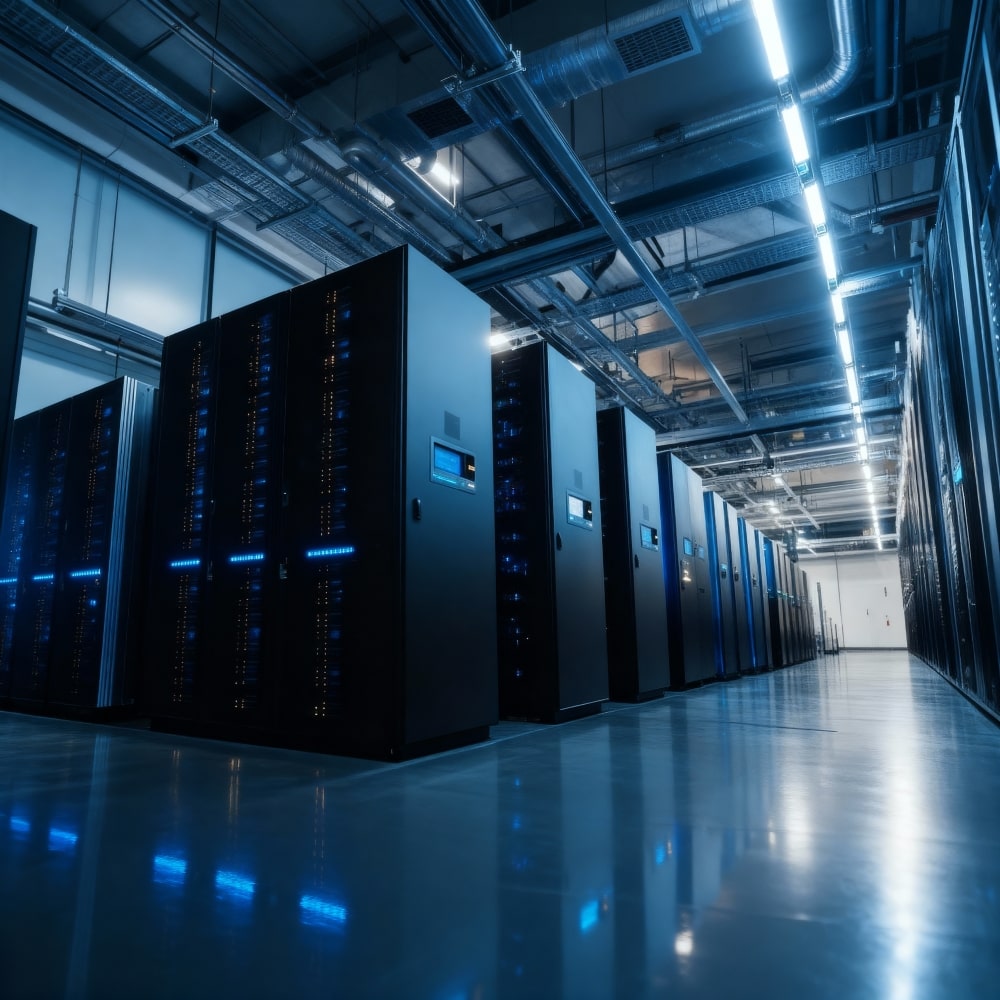 Moderner Serverraum mit beleuchteten Racks – Symbol für Rechenzentrumsumzug und IT-Infrastrukturmodernisierung mit SAVECALL.