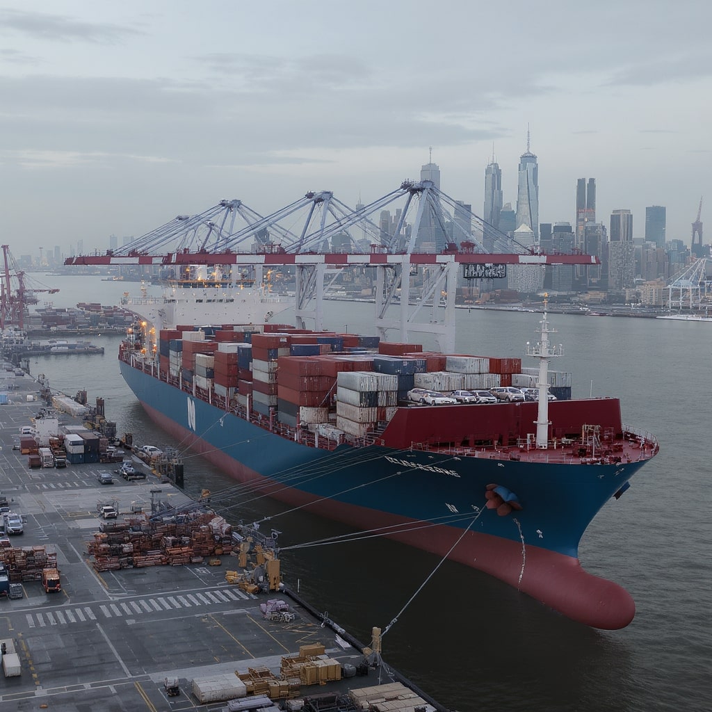 Frachtschiff mit Fahrzeugen auf Deck fährt in modernen Hafen mit Skyline und Kränen ein