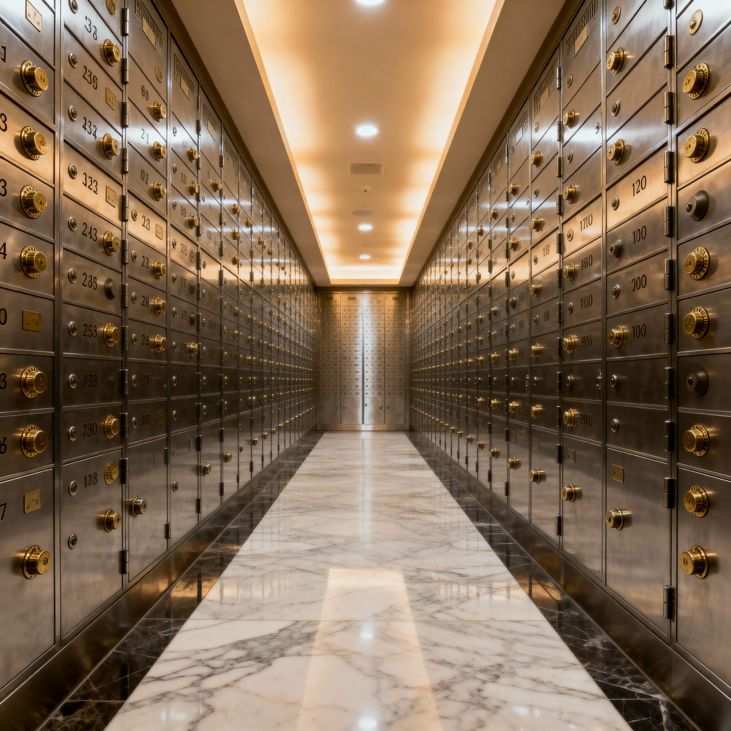 Bankfassade bei Dämmerung mit Blick durch Fenster auf innen beleuchtete Reihen von Schließfächern — Symbol für städtische Verlässlichkeit.