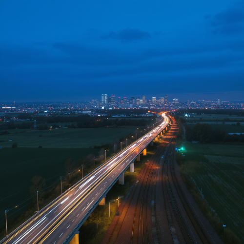 Langzeitbelichtung einer Autobahn mit Lichtspuren, die in eine entfernte Skyline führen – Symbol für Highspeed-Datenübertragung und Standortvernetzung mit Savecall.