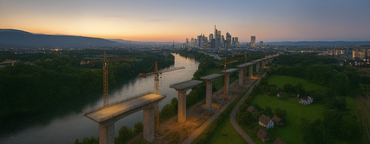 Unfertige Brücke mit Kränen vor Skyline, Symbol für den Ausbau digitaler Infrastruktur, Standortvernetzung und Netzwerklösungen mit Savecall.