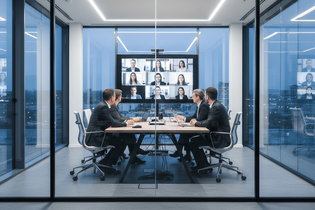 Geschäftsmeeting im Konferenzraum mit Videokonferenz auf großem Bildschirm, Symbol für Cloud-Telefonie, Collaboration-Tools und hybride Arbeitsmodelle durch Savecall.