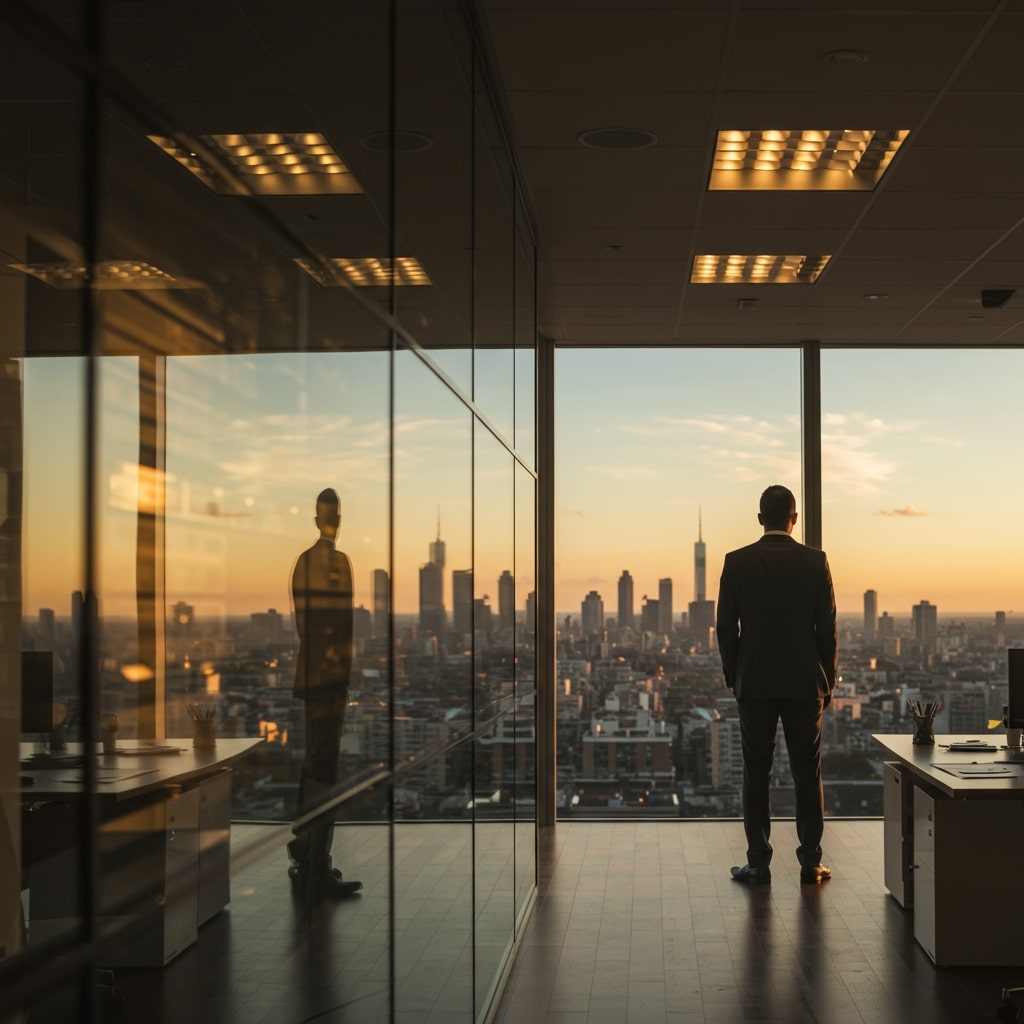 Business professional overlooking city skyline symbolizing cost control and transparency in communication.