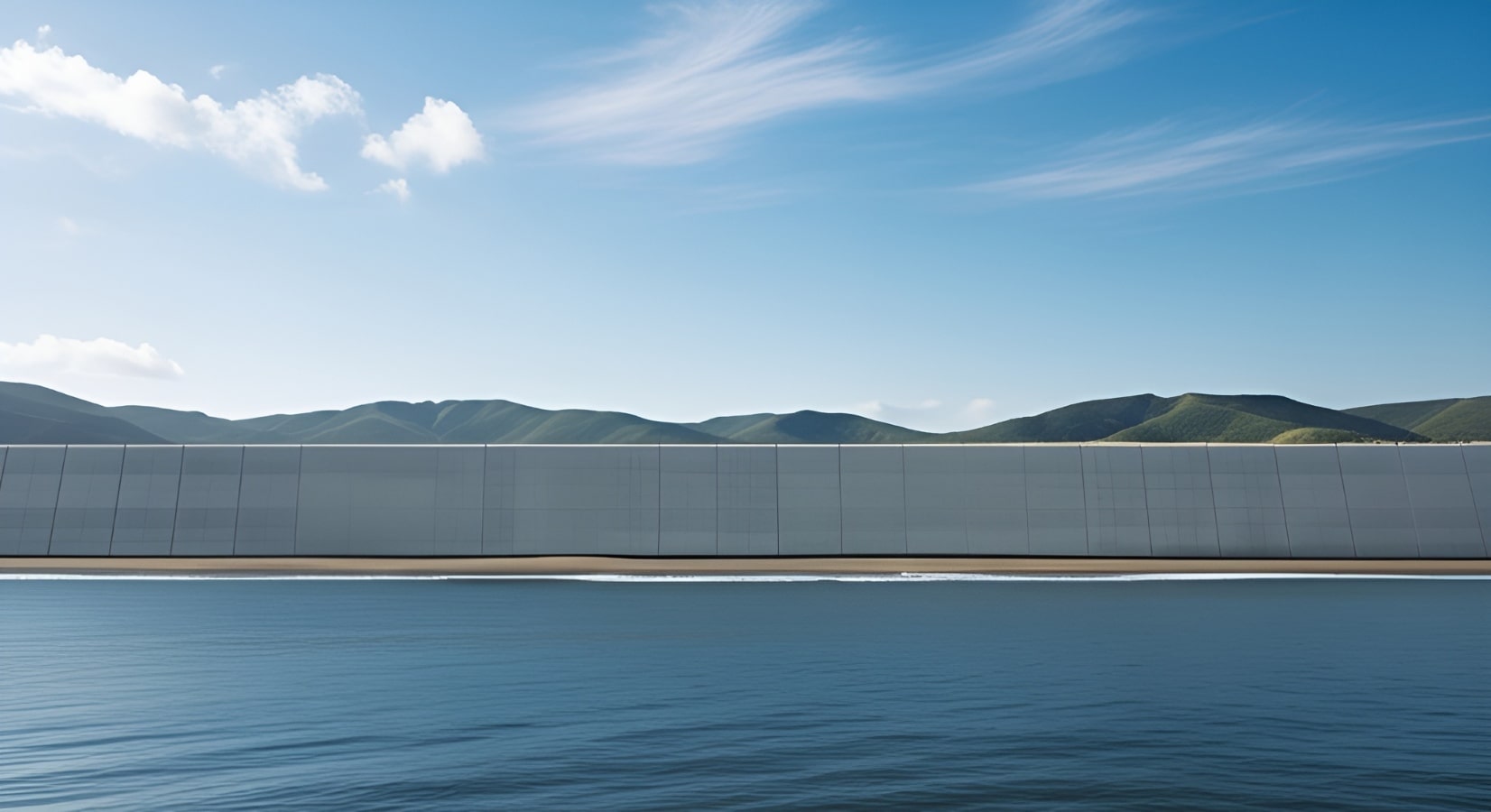 Massive Schutzmauer an der Küste symbolisiert Cyber Security als Barriere gegen Bedrohungen – moderne IT-Sicherheit für Unternehmen, Mood Bild.