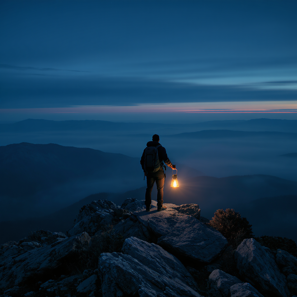 Silhouette eines Wanderers mit Lampe auf Bergspitze im Nebel als Symbol für Orientierung und Weitsicht in der Beratung
