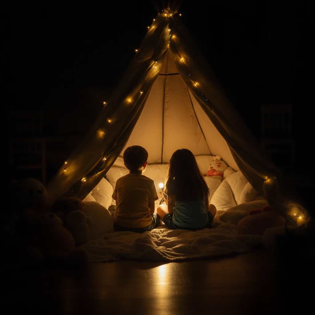 Zwei Kinder sitzen leicht zueinander gedreht in einer Deckenburg im Wohnzimmer – Symbol für Nähe, Vertrauen und Sicherheit im eigenen Zuhause.