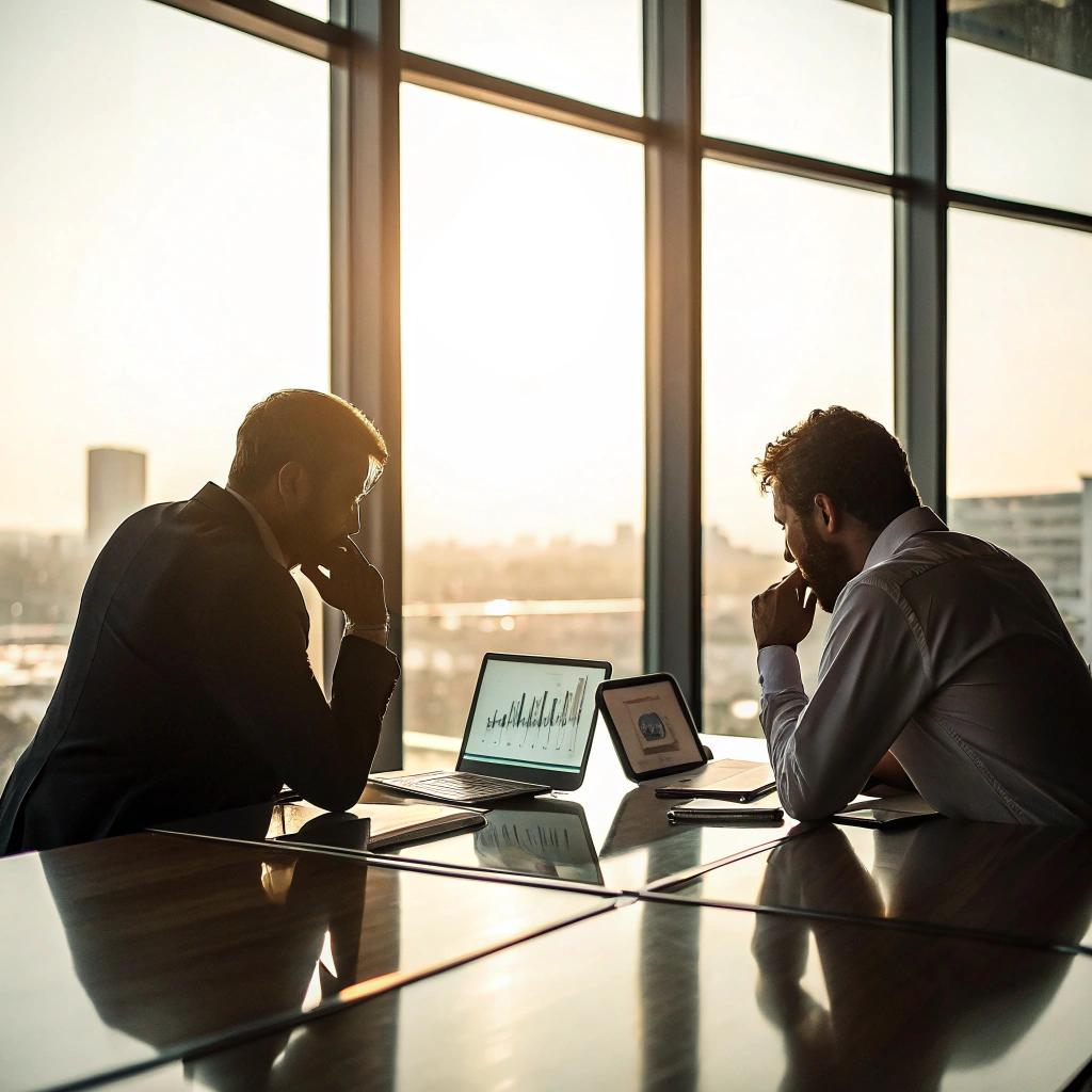 Zwei Händler verhandeln am Tisch, Gesichter nicht sichtbar, Fokus auf Bewegung und Atmosphäre.