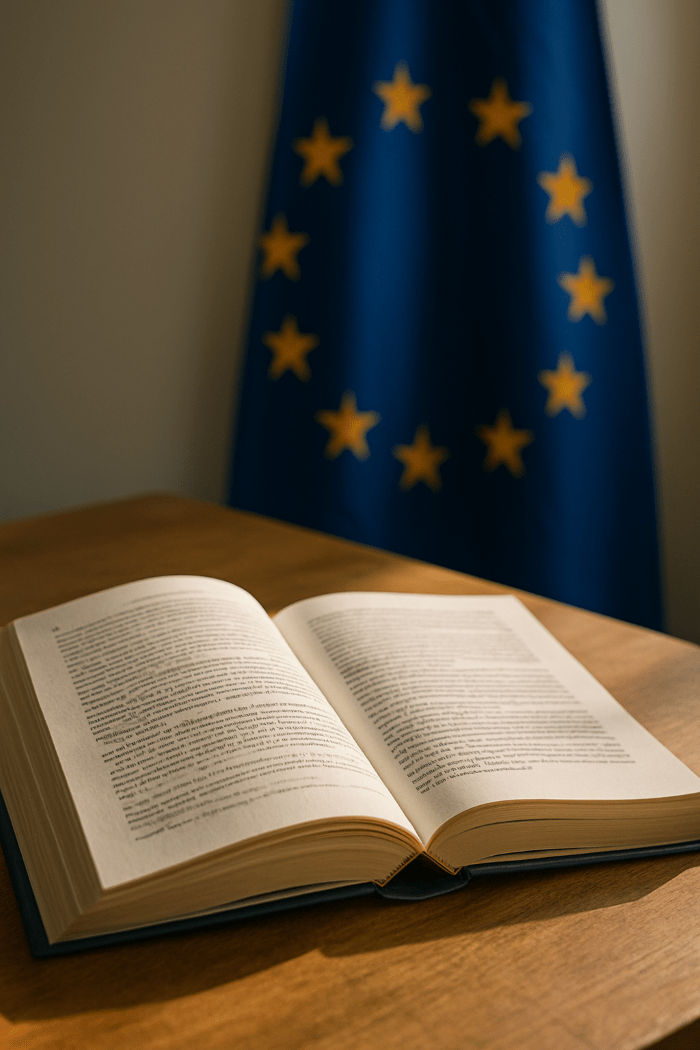 Offenes Gesetzbuch vor einer EU-Flagge – Symbol für europäische Regularien, Datenschutz und IT-Compliance mit Savecall.
