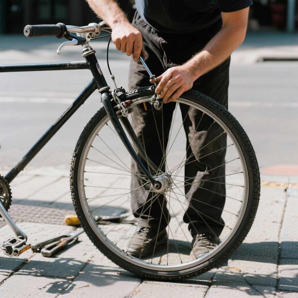 Mann bis zur Hüfte sichtbar, repariert auf dem Gehweg ein stehendes Fahrrad und arbeitet mit Werkzeug am Vorderrad.