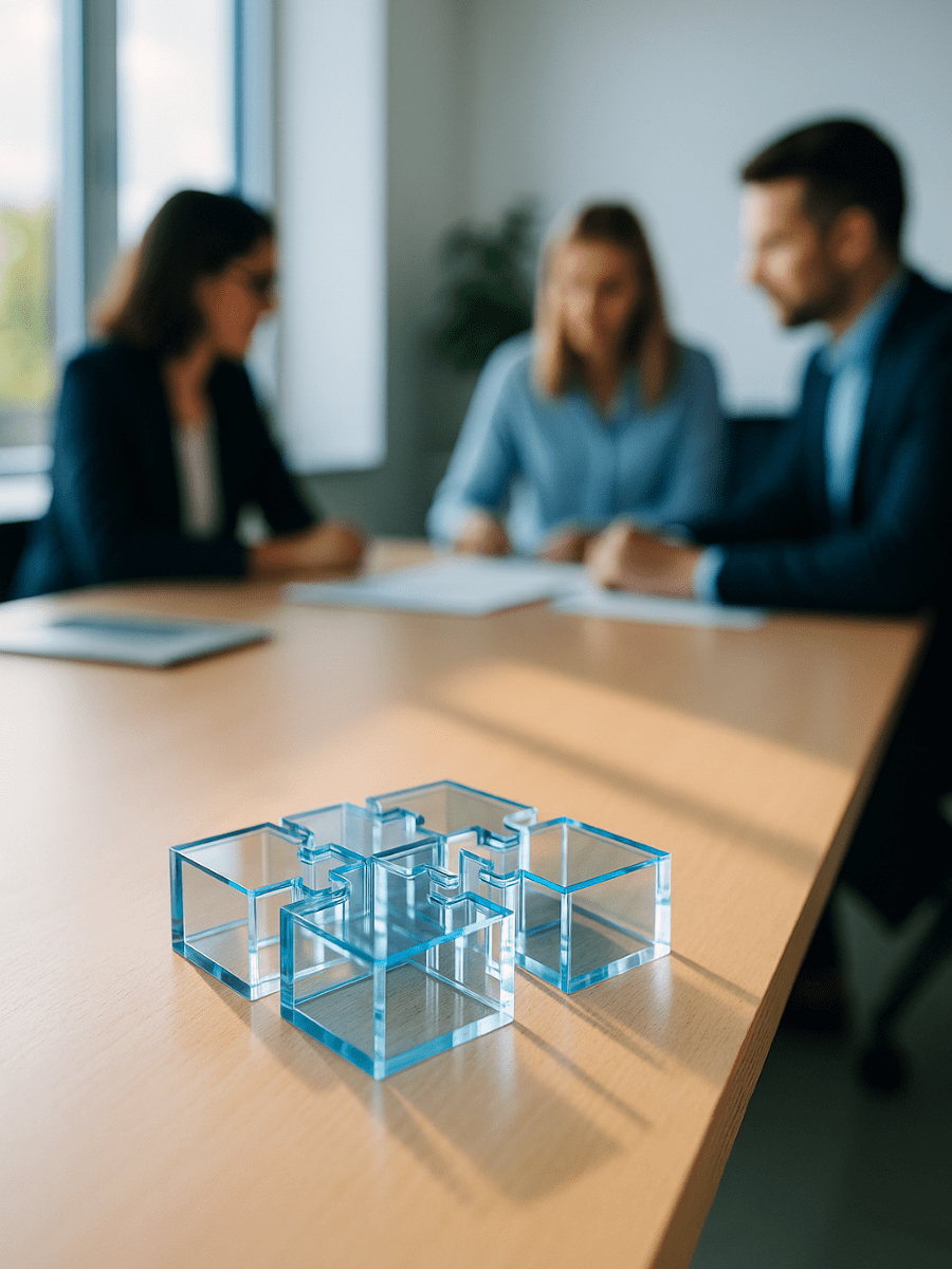 Gläserne Puzzleteile auf einem hellen Schreibtisch symbolisieren flexible SASE-Modelle und strukturierte IT-Sicherheitslösungen. Im Hintergrund beraten sich drei Personen in einem modernen Büro mit Tageslicht.