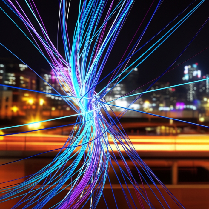 Visualisierung von Glasfaser-Verbindungen als gebündelte Lichtstränge vor Skyline – Symbol für schnelle Datenübertragung, Netzwerkkonnektivität und SAVECALL Glasfaser-Lösungen.