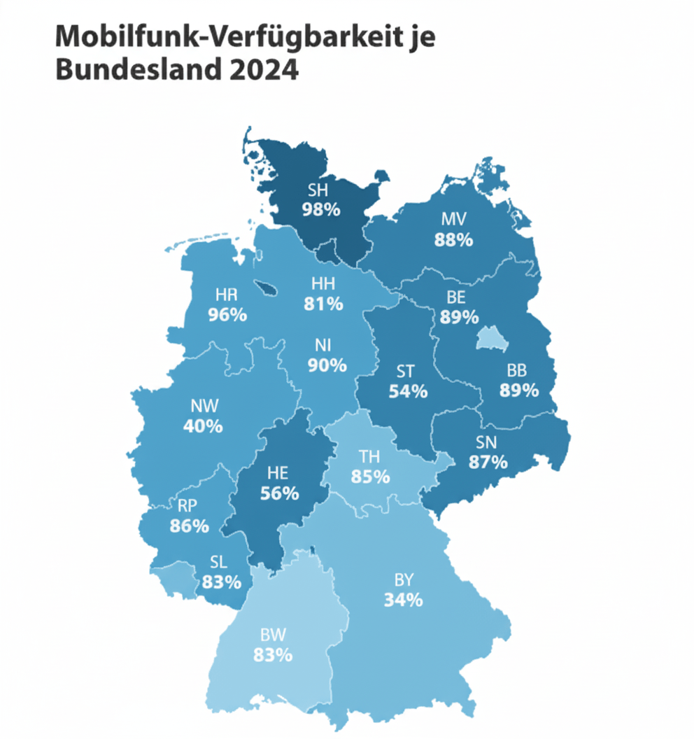 Deutschlandkarte mit Glasfaser-Verfügbarkeit je Bundesland 2024 – Datenvisualisierung von SAVECALL zu regionalen Unterschieden beim Glasfaserausbau.