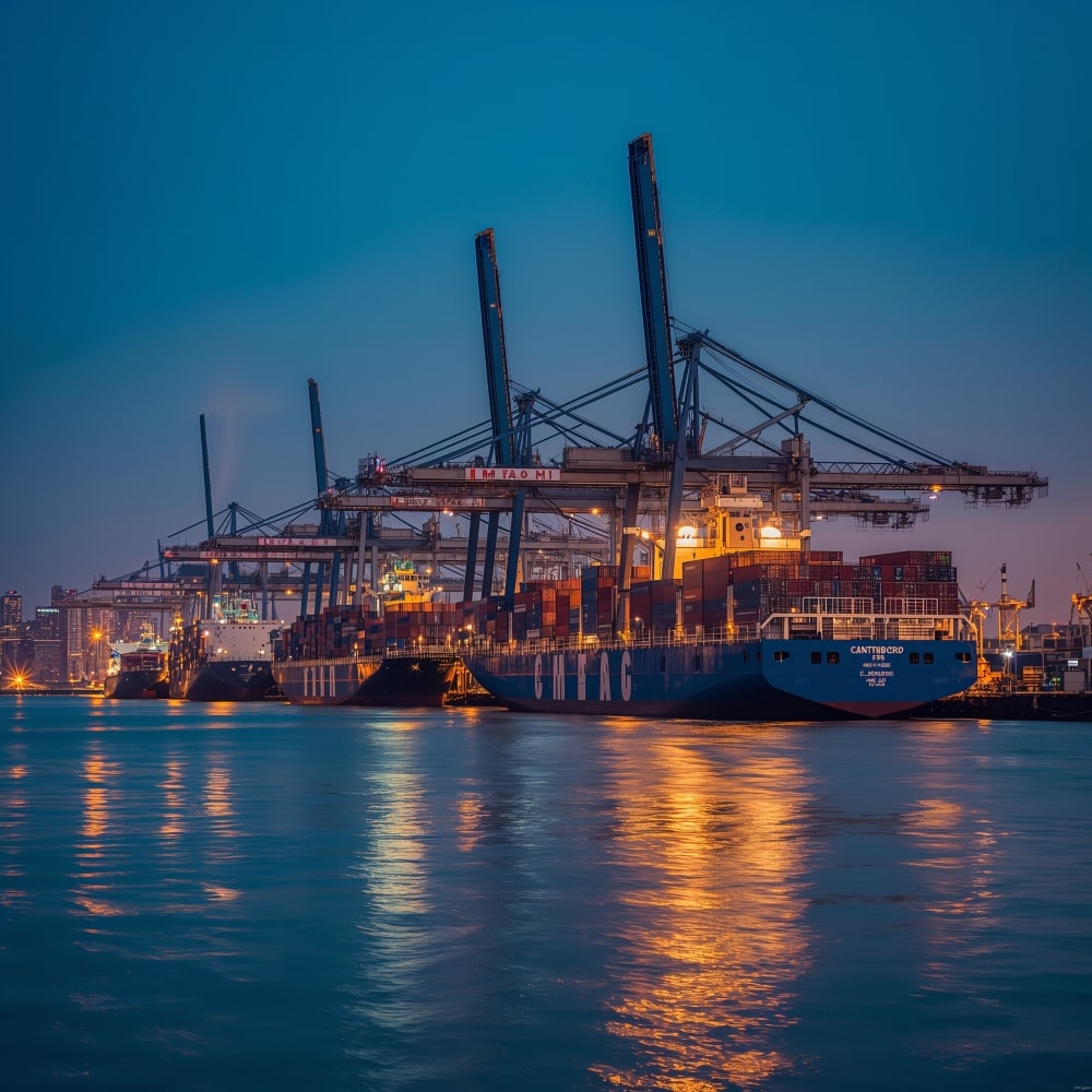 Containerhafen bei Dämmerung mit beleuchteten Kränen und Frachtschiffen – Symbol für internationale Vernetzung und Logistik.