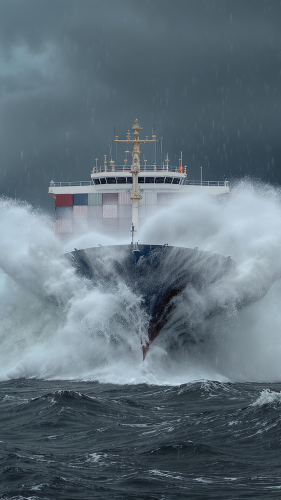 Ein Frachtschiff kämpft sich durch tosende Wellen und steht sinnbildlich für Stabilität und Führung bei großen Herausforderungen.