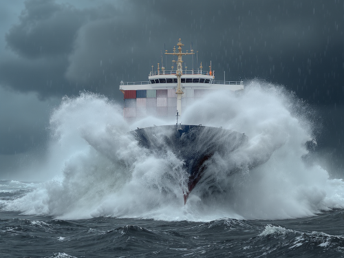 Ein Frachtschiff kämpft sich durch tosende Wellen und steht sinnbildlich für Stabilität und Führung bei großen Herausforderungen.