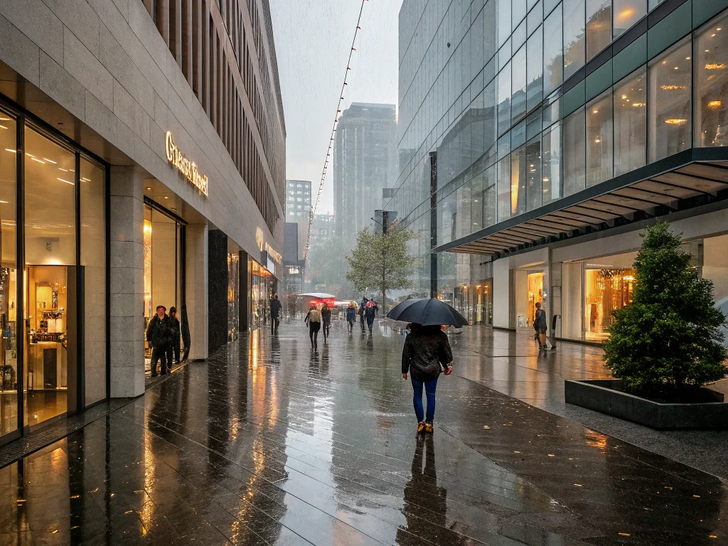 Menschen gehen mit Schirmen durch eine verregnete Einkaufspassage – Symbol für Ruhe und Durchhaltevermögen im Alltag.