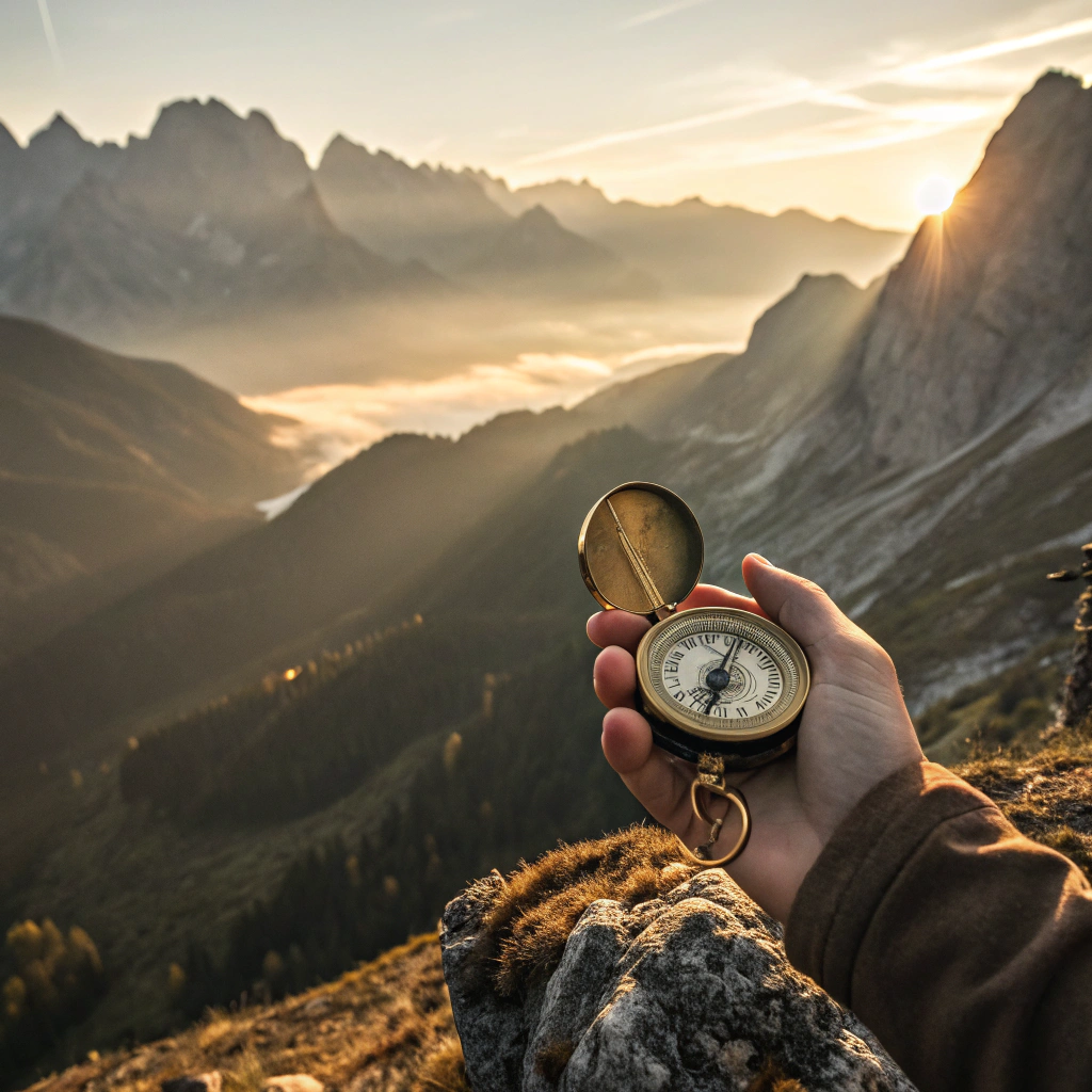 Offene Hand hält einen alten Kompass über einer Berglandschaft im Morgenlicht – Metapher für Orientierung und strategische Beratung.