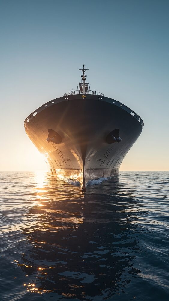Ein Frachtschiff fährt bei ruhiger See frontal auf den Betrachter zu, Symbol für klare Richtung und Fokus bei neuen Herausforderungen.
