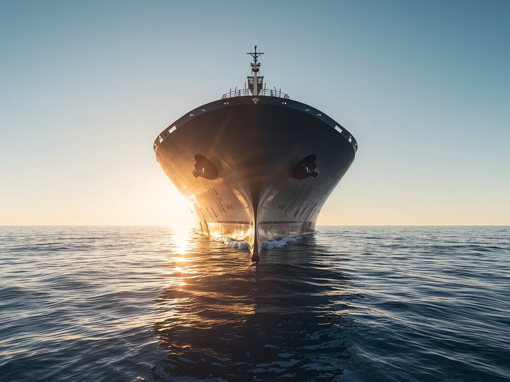 Ein Frachtschiff fährt bei ruhiger See frontal auf den Betrachter zu, Symbol für klare Richtung und Fokus bei neuen Herausforderungen.