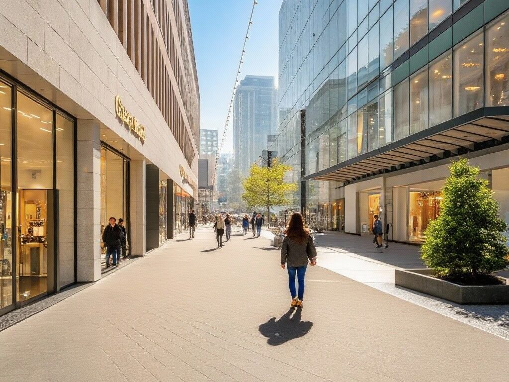 Sonnenstrahlen brechen durch die Wolken über einer nassen Einkaufspassage – Symbol für Hoffnung und Neubeginn nach dem Regen.