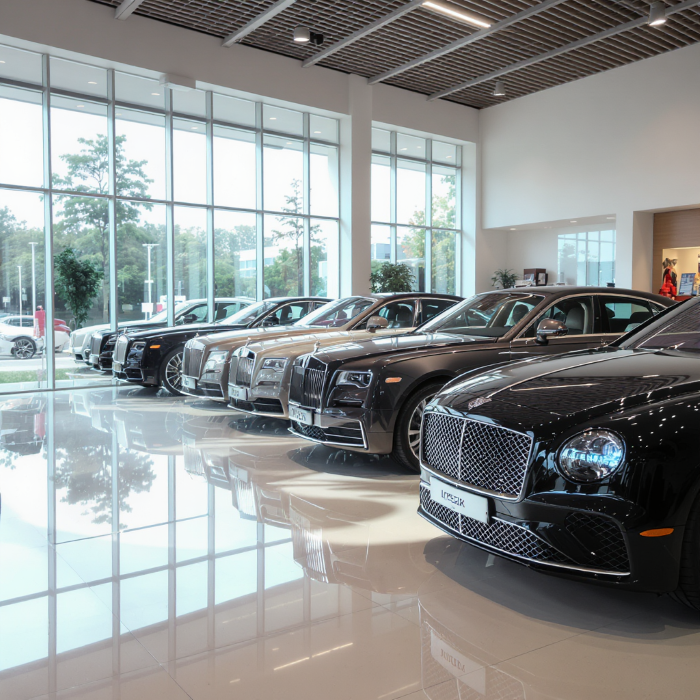 Reihe aus Oldtimern und modernen Supersportwagen in elegantem Showroom.