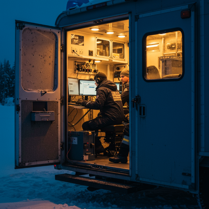 Technikteam in einem mobilen Einsatzfahrzeug bei Schneefall – Symbol für Teamwork, Kommunikation und Einsatzbereitschaft im mobilen Management.