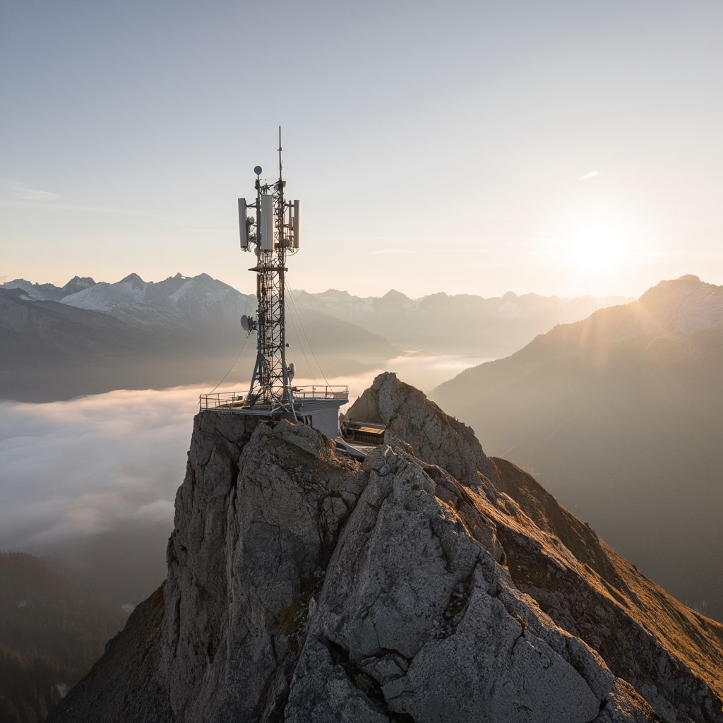 Telecommunications tower on an alpine ridge at sunrise symbolizing stable mobile security.