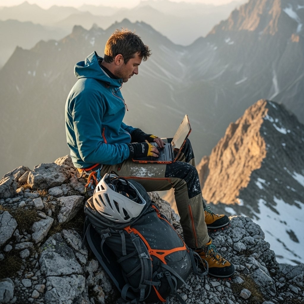 Vogelperspektive auf Bergsteiger mit Outdoor-Laptop auf einem Felsgrat in den Alpen bei Sonnenaufgang – Symbol für mobiles Arbeiten in extremer Naturumgebung.