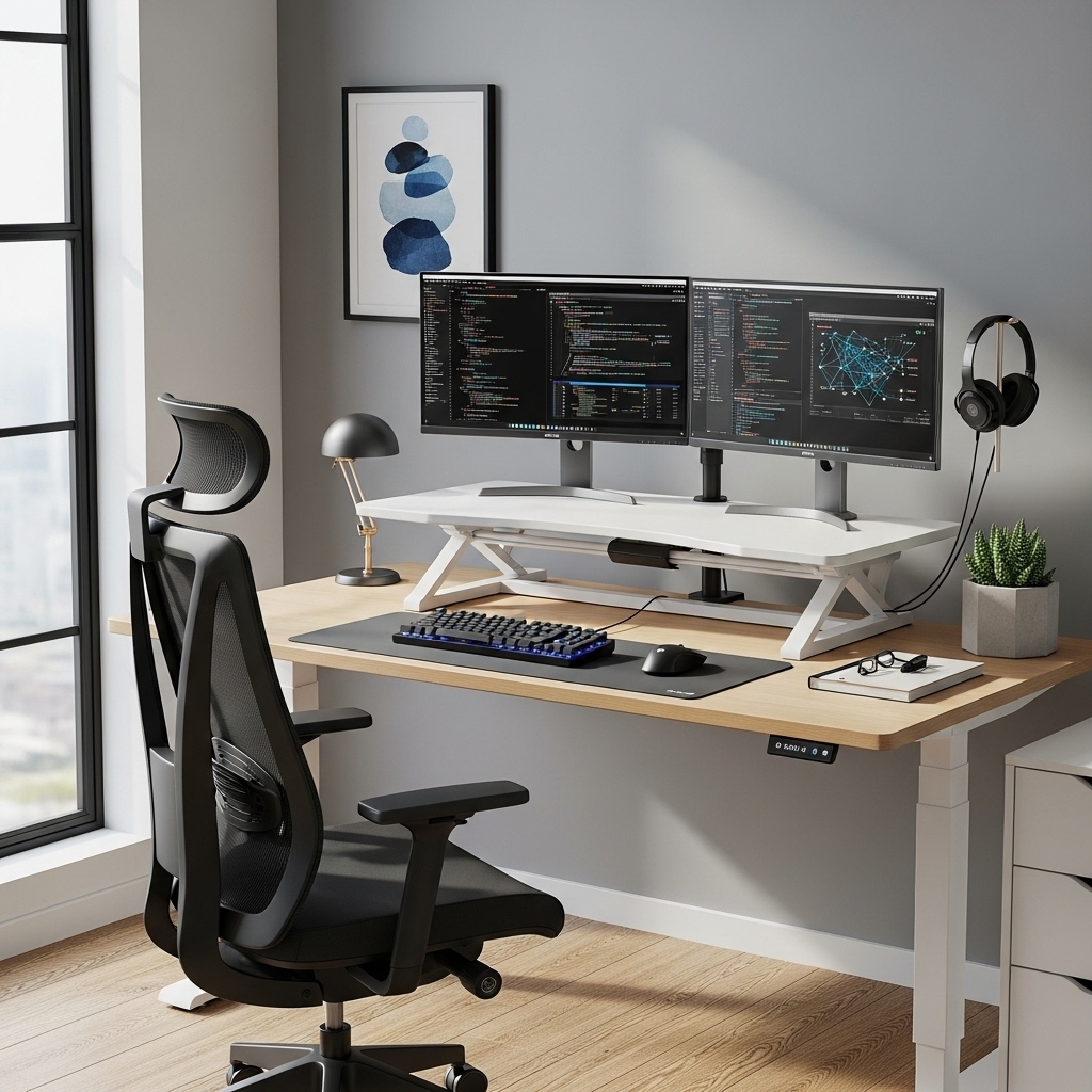 Moderner Notfallarbeitsplatz von SAVECALL – ergonomischer Büroarbeitsplatz mit zwei Monitoren, höhenverstellbarem Schreibtisch und aktueller IT-Ausstattung für Business Continuity und sicheres Arbeiten im Notfall.