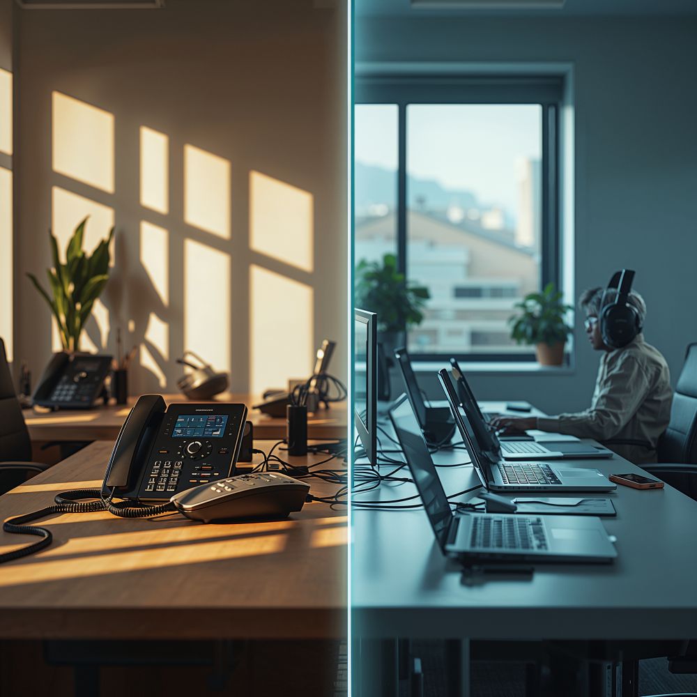 Vergleich: links klassisches Tischtelefon, rechts digitale Arbeitsplatzlösung mit Headset und Laptop Symbol für den Wandel von Hardware-Telefonie zu Cloud-Kommunikation durch Savecall.