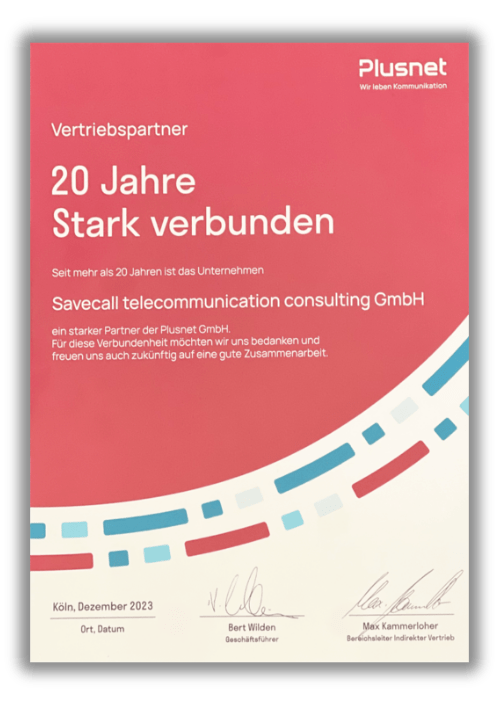 SAVECALL Plusnet Loyalty Award 20 Jahre stark verbunden