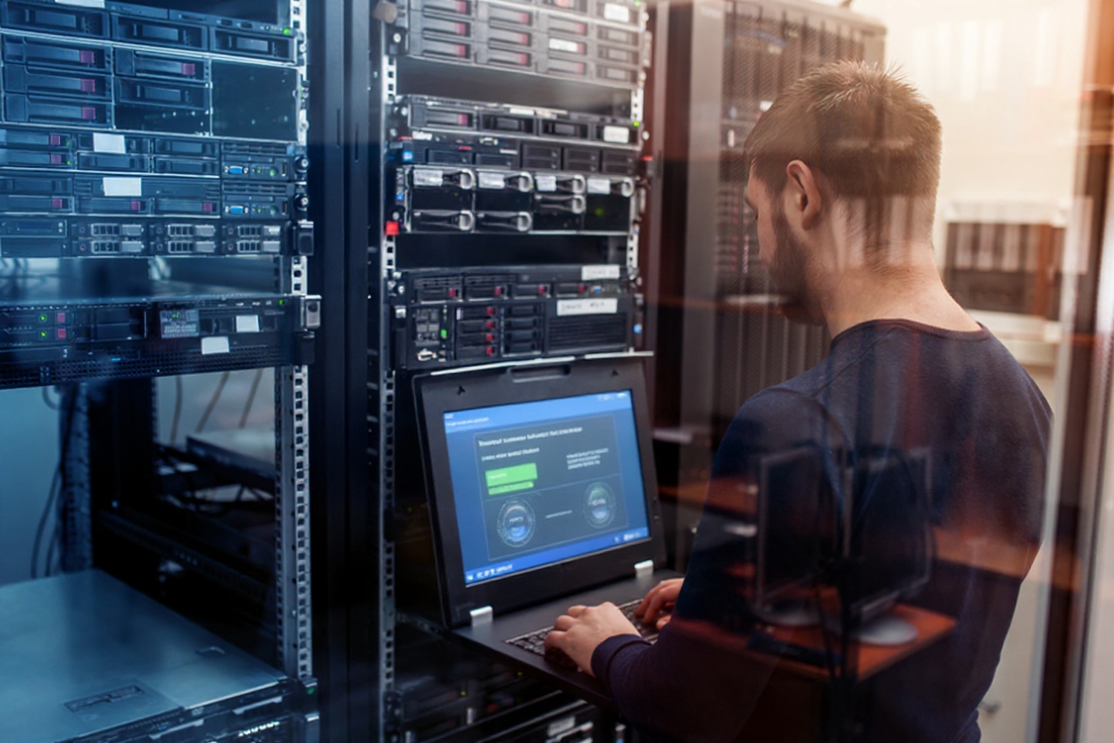 Techniker arbeitet im Serverraum während des Rechenzentrumsumzugs – sichere Migration von IT-Infrastruktur und Daten ohne Ausfallzeiten mit SAVECALL.