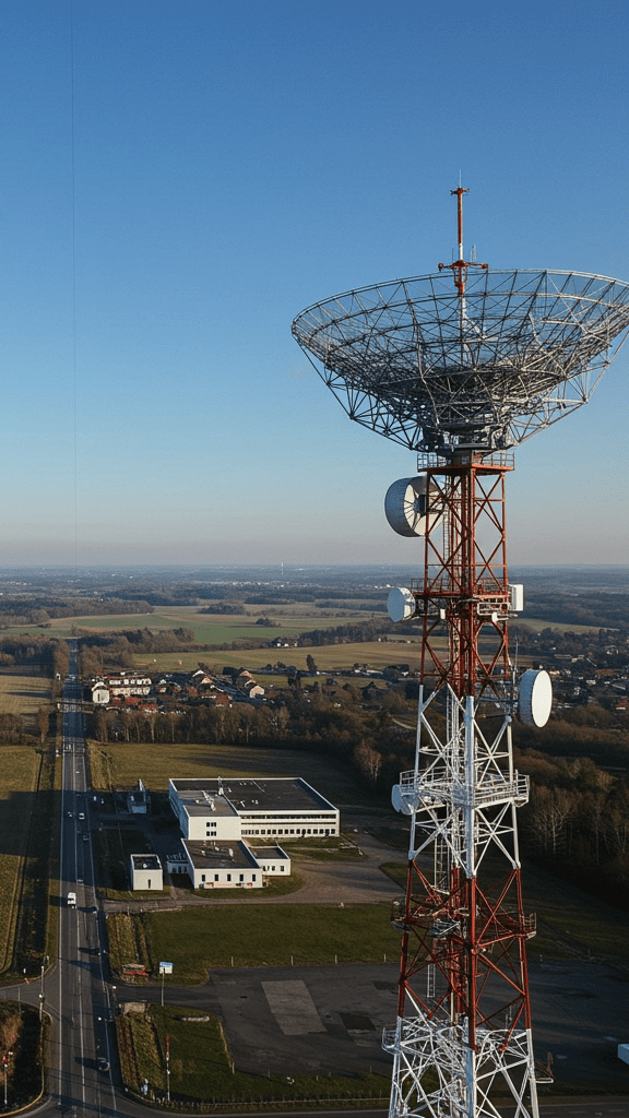 Zwei Richtfunkmasten mit Parabolantennen verbinden Standorte über Funk – Symbol für leistungsstarke Richtfunklösungen und drahtlose, glasfaserunabhängige Unternehmensvernetzung von SAVECALL.