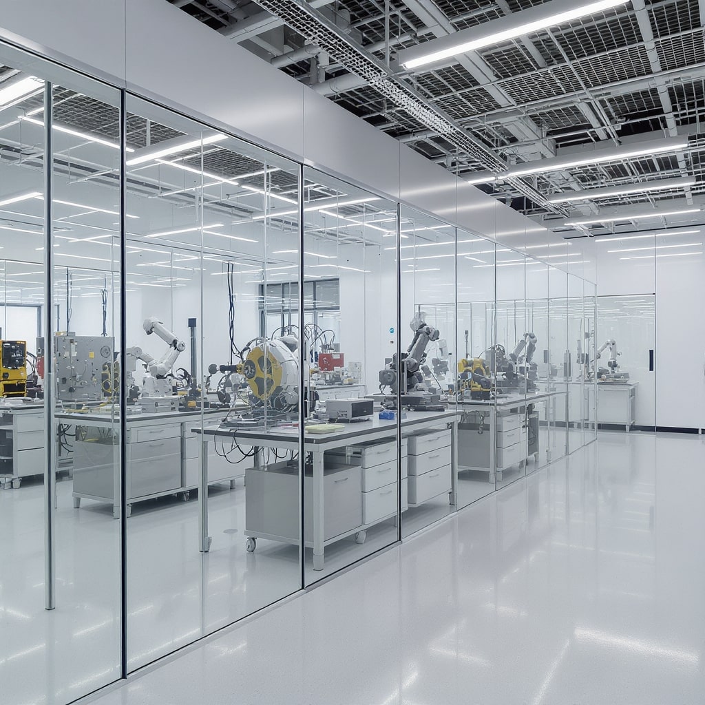 Techniker testet mobilen Roboter in großer Industriehalle mit Betonboden.