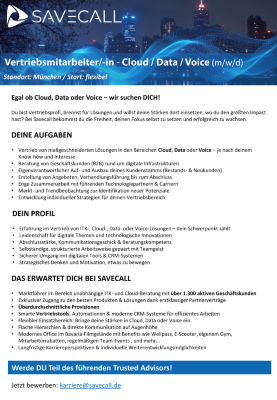 Bild von SAVECALL Jobausschreibung für Vertriebsmitarbeiter für Cloud, Data, Voice