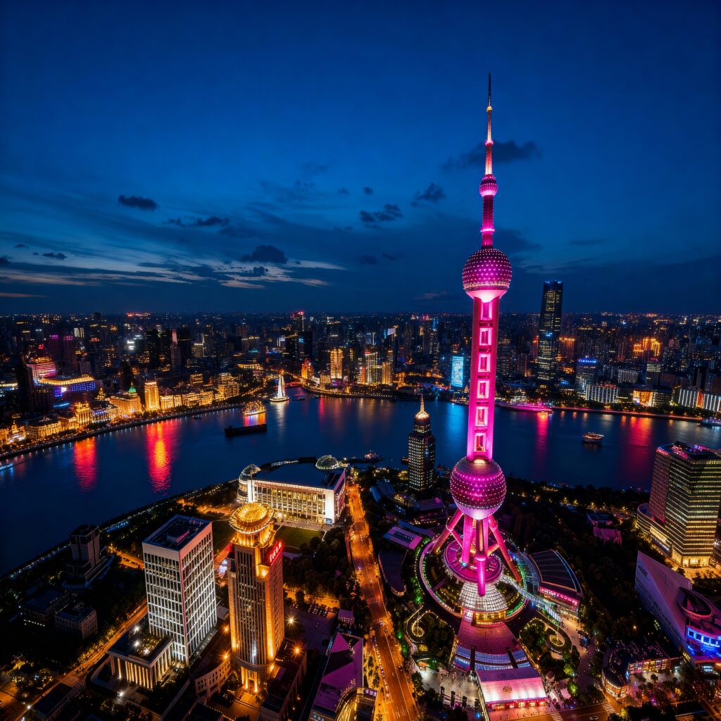 Luftaufnahme über Shanghai Nacht dynamische Routing von SD-WAN in China