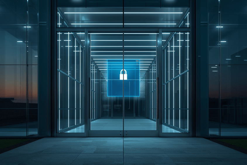 Modernes Gebäude mit digitalem Schloss-Symbol, Metapher für Cybersecurity, Zugangskontrolle und sichere IT-Infrastruktur durch Savecall.