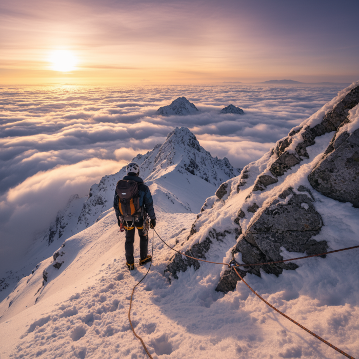 Bergsteiger am schneebedeckten Grat über den Wolken beim Sonnenaufgang – Symbol für Sicherheit, Orientierung und verlässliche IT-Strategien mit Savecall.
