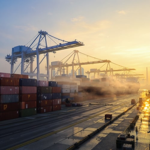 Containerhafen im goldenen Morgenlicht mit Kränen, Containern und Stadt­silhouette – Symbol für globalen Handel und präzise Logistik.