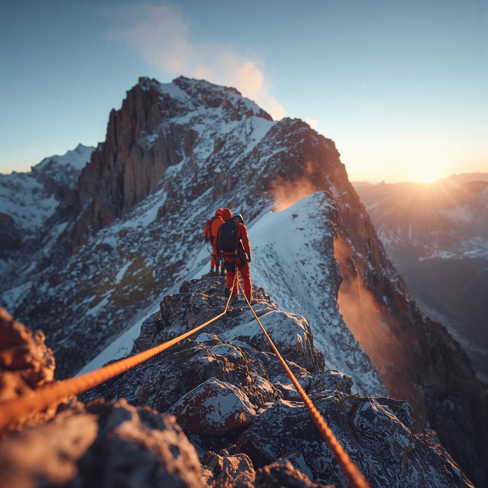Bergsteigerteam, das über Seile verbunden eine Felswand erklimmt – Symbol für stabile mobile Netzwerke und zuverlässige Kommunikation.