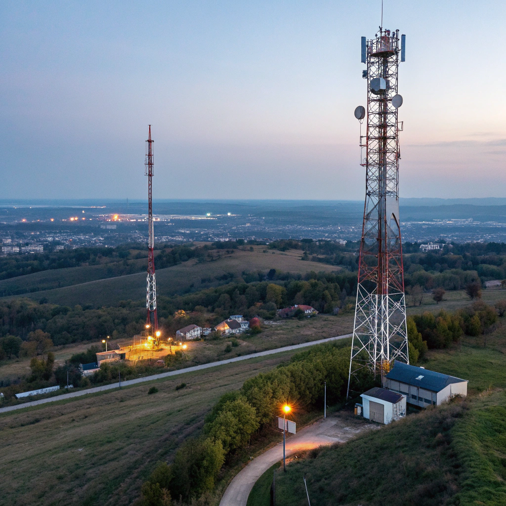 Zwei Mobilfunkmasten auf einer Anhöhe bei Sonnenuntergang – Symbol für Mobilfunklösungen, Unternehmensnetzwerke und flächendeckende Konnektivität durch Savecall.
