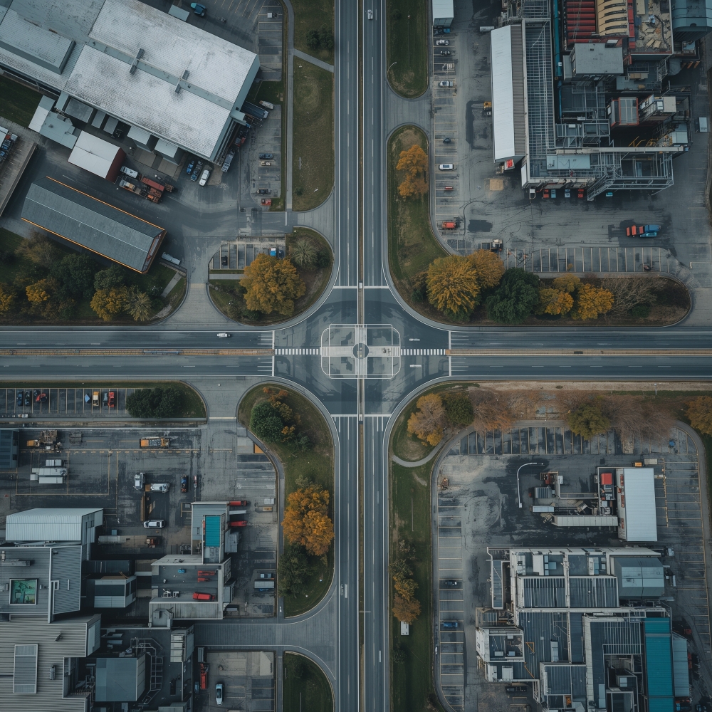 Luftaufnahme eines modernen Industriegebiets mit klaren Linien und Strukturen – Sinnbild industrieller Effizienz.